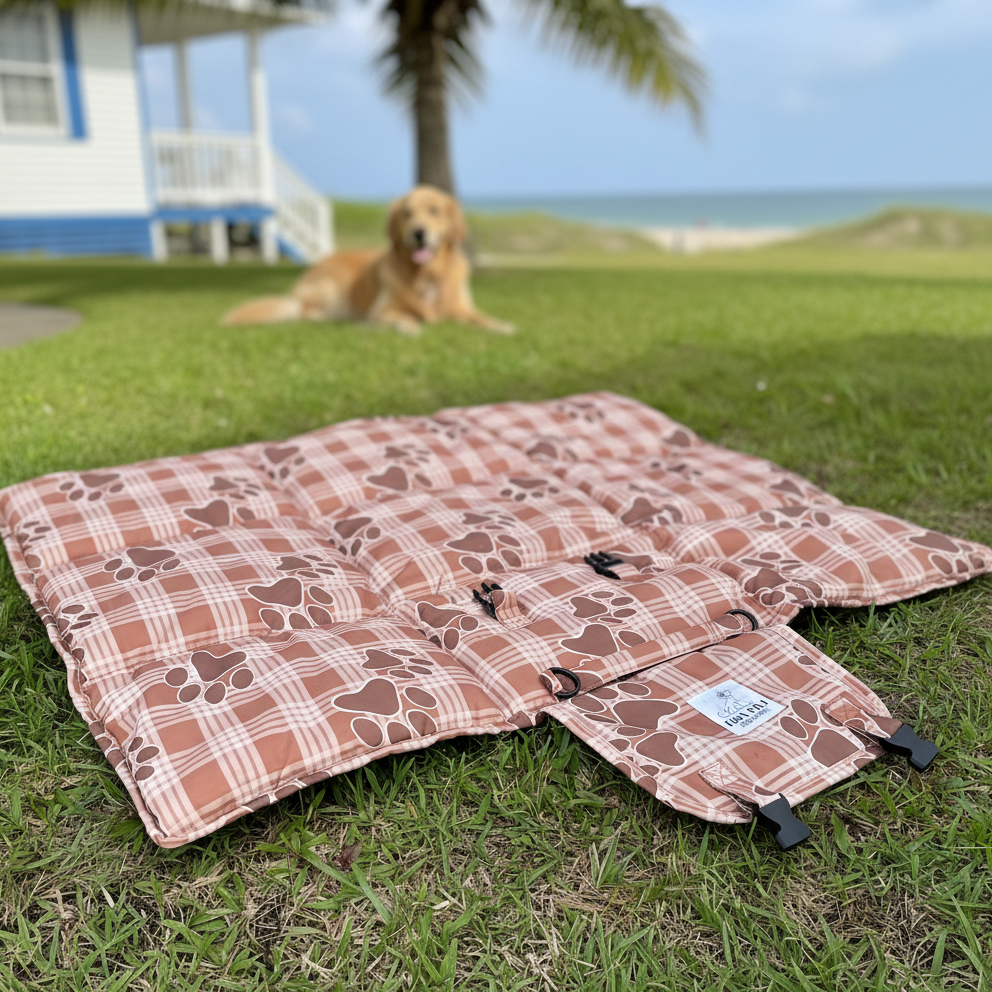 Dog lying on a patterned mat in a grassy area with a house and palm tree in the background