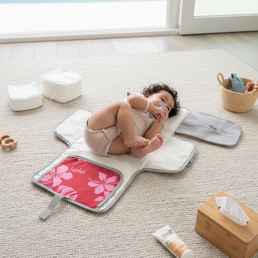 Baby lying on a changing mat with diaper supplies around in a bright room.