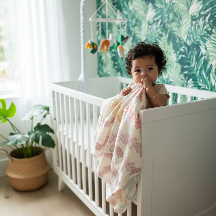 Baby in a crib with a floral blanket in a room with green leafy wallpaper.