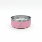 Pink and silver pet bowl on a white surface